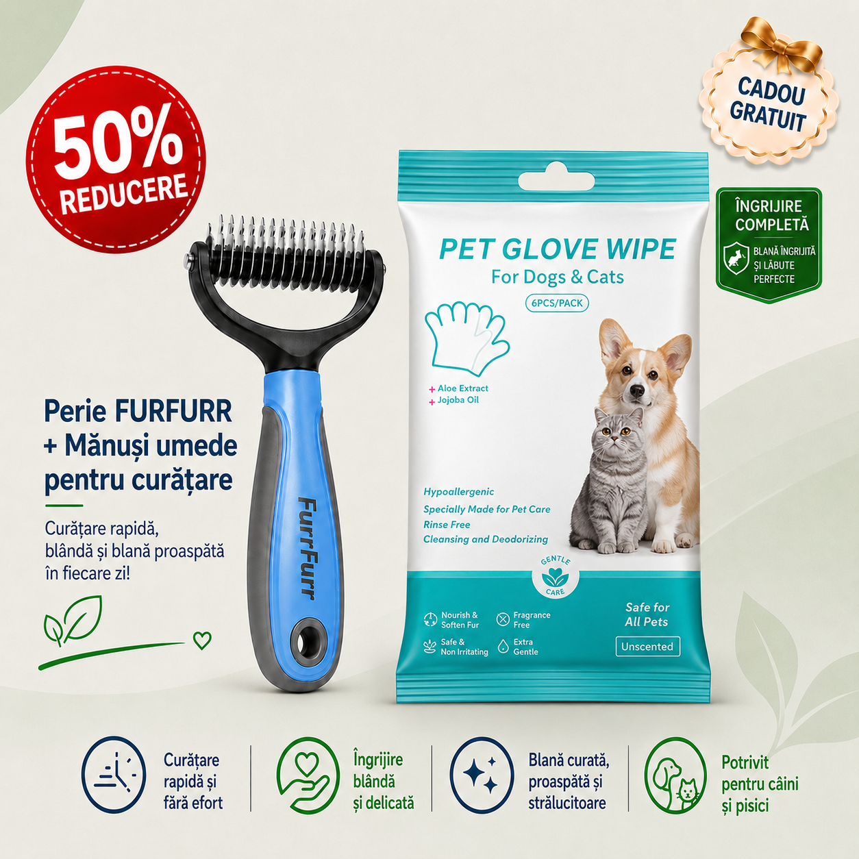FurFurr™ – Perie Profesională pentru Câini +Șervețelele mănușă CADOU