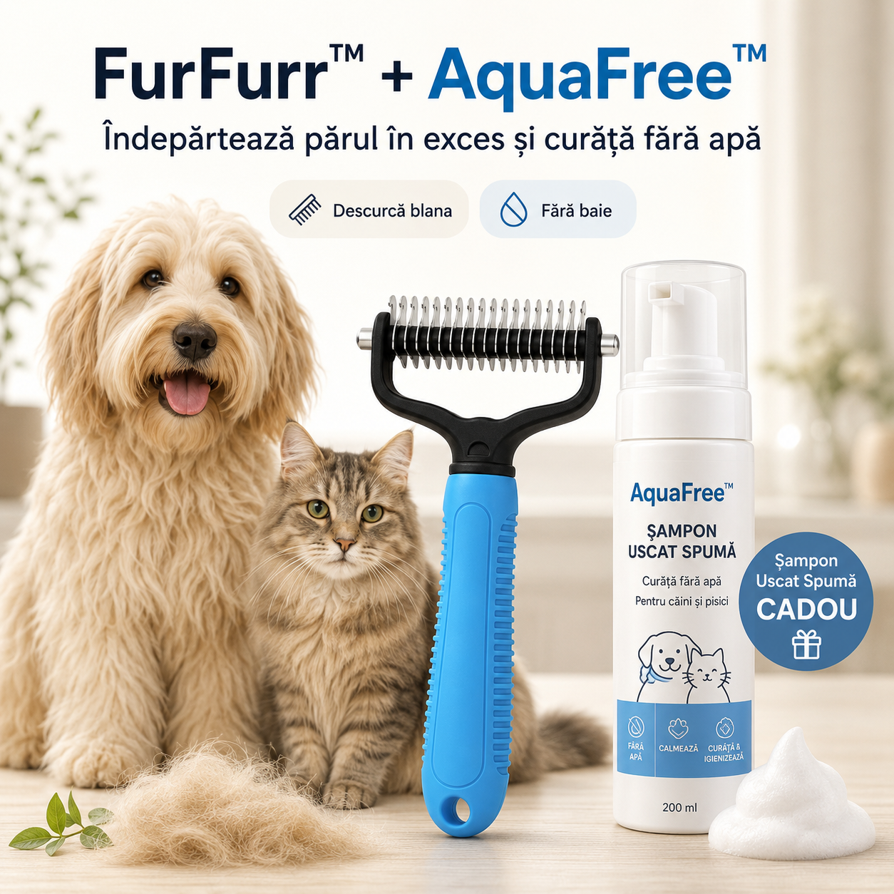 FurFurr™ – Perie Profesională pentru Câini și Pisici + AquaFree™ Șampon Uscat Spumă CADOU