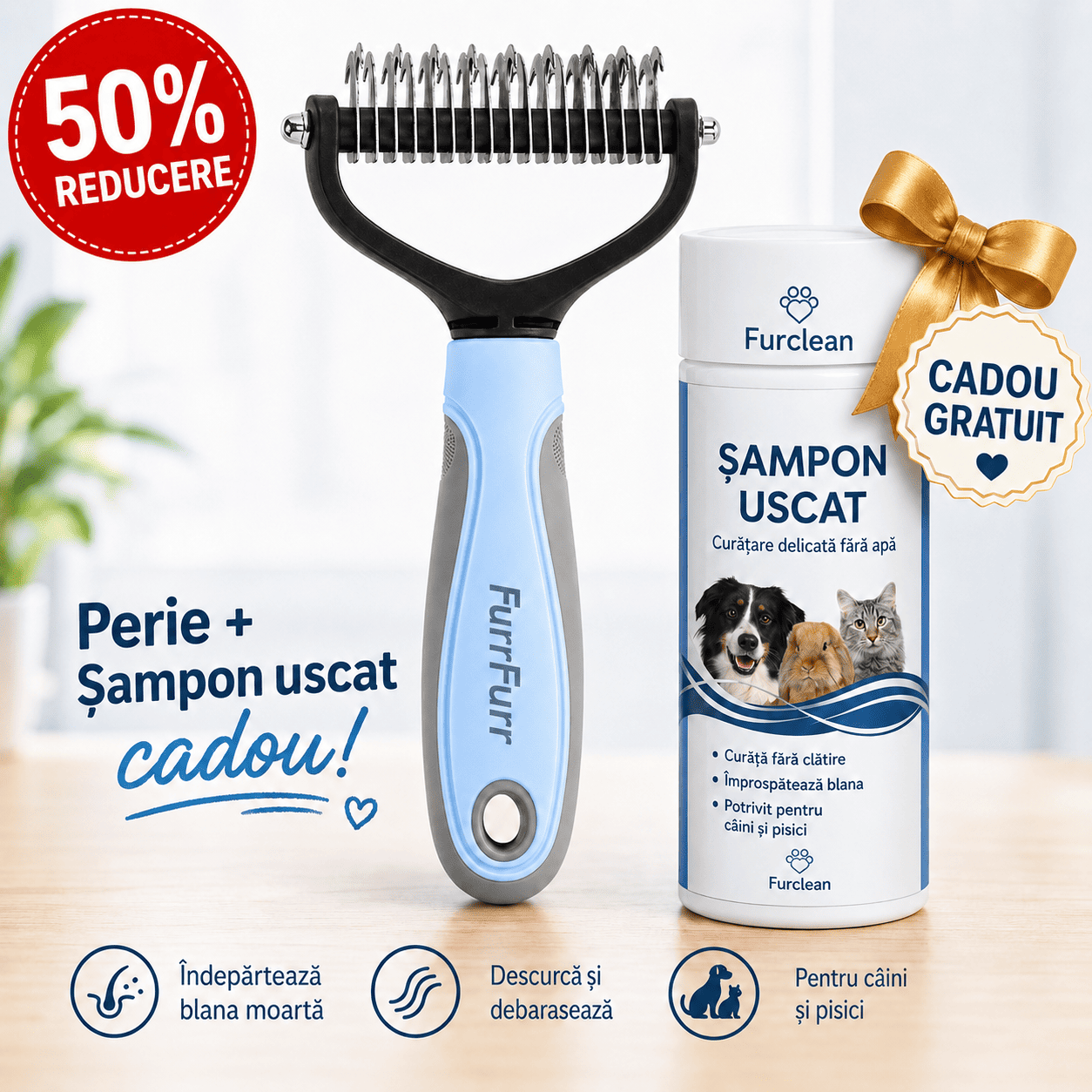 FurFurr – Perie Profesională pentru Câini și Pisici + Șampon Uscat Cadou
