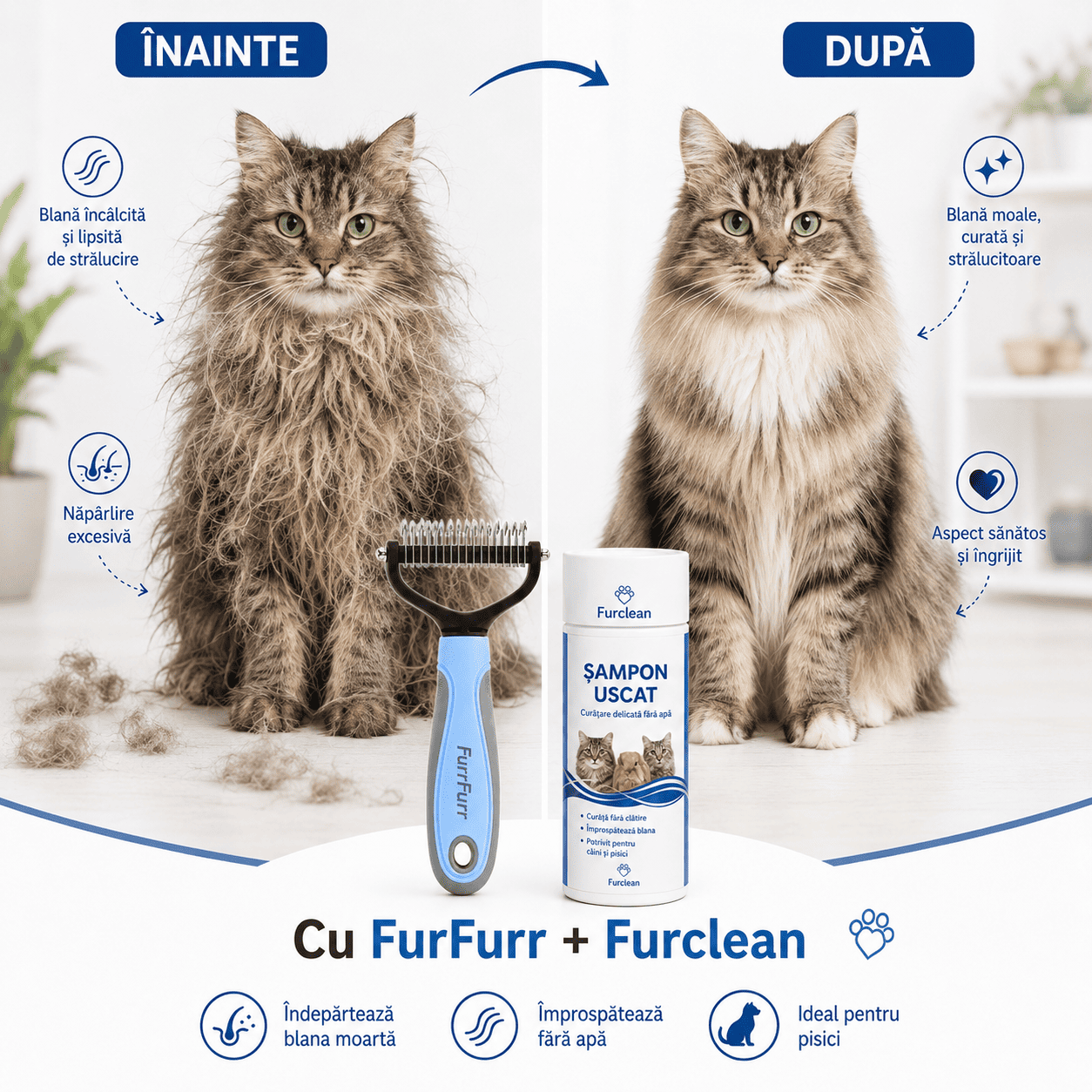 FurFurr – Perie Profesională pentru Câini și Pisici + Șampon Uscat Cadou