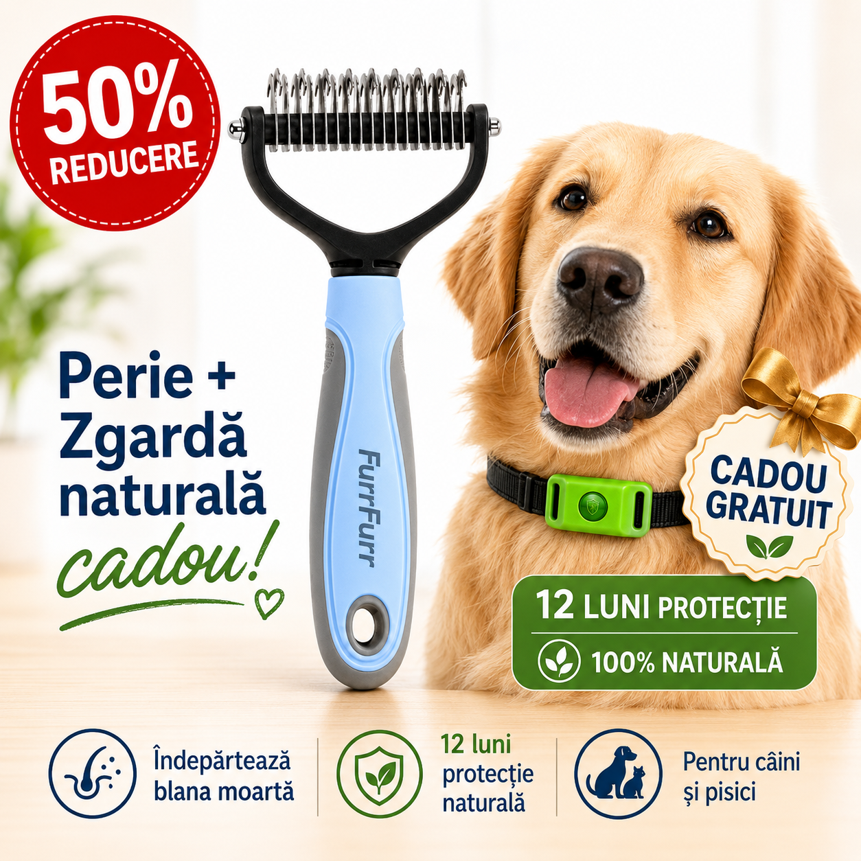 FurFurr™ – Perie Profesională + Zgardă Naturală 12 Luni Anti-Purici și Căpușe CADOU