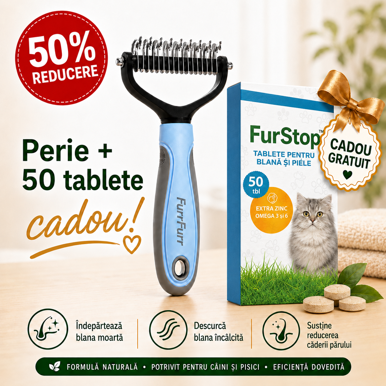 FurFurr™-Perie Profesională Câini și Pisici + FurStop™ 50 Tablete Anticăderea Părului