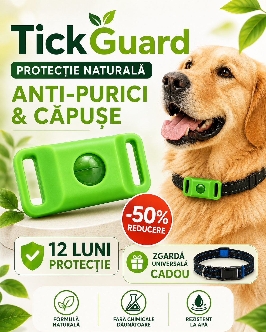 TickGuard™ – 12 Luni Protecție Naturală Anti-Purici și Căpușe