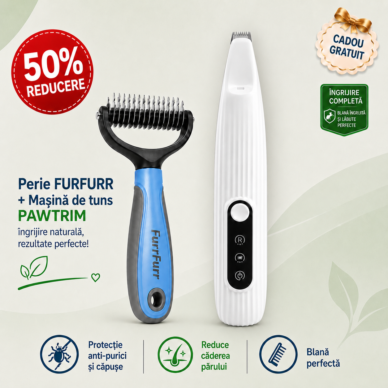 FurFurr™ – Perie Profesională pentru Câini + PawTrim™ – Mașină de Tuns CADOU
