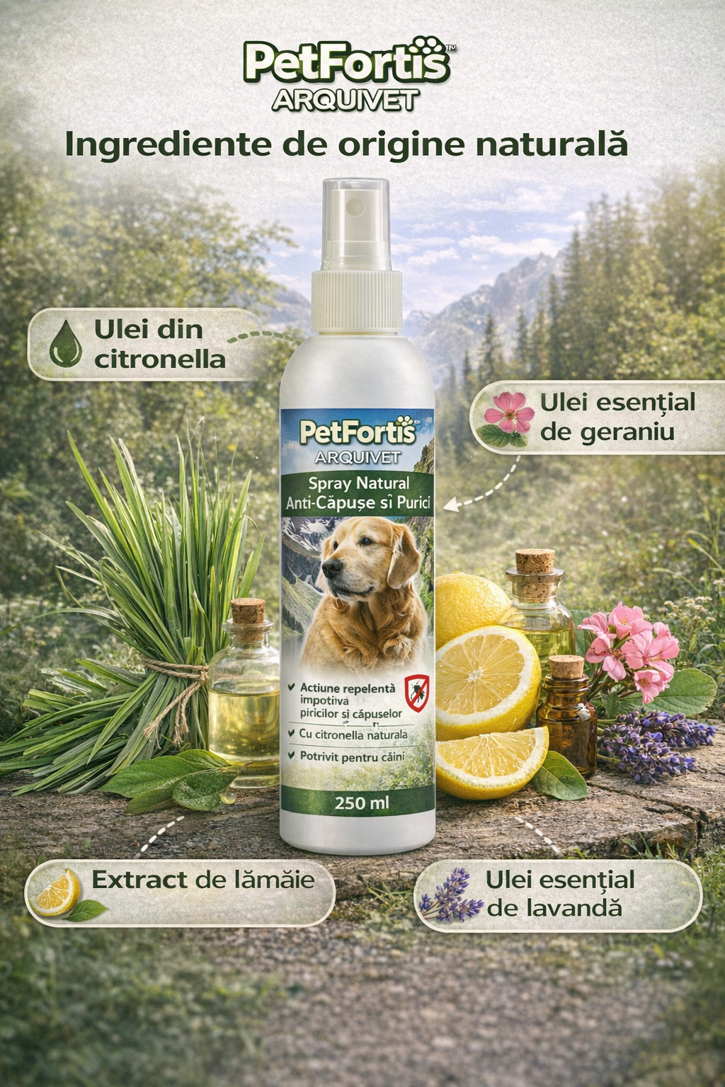 PetFortis™ Spray Natural Anti-Căpușe și Purici – 250 ml