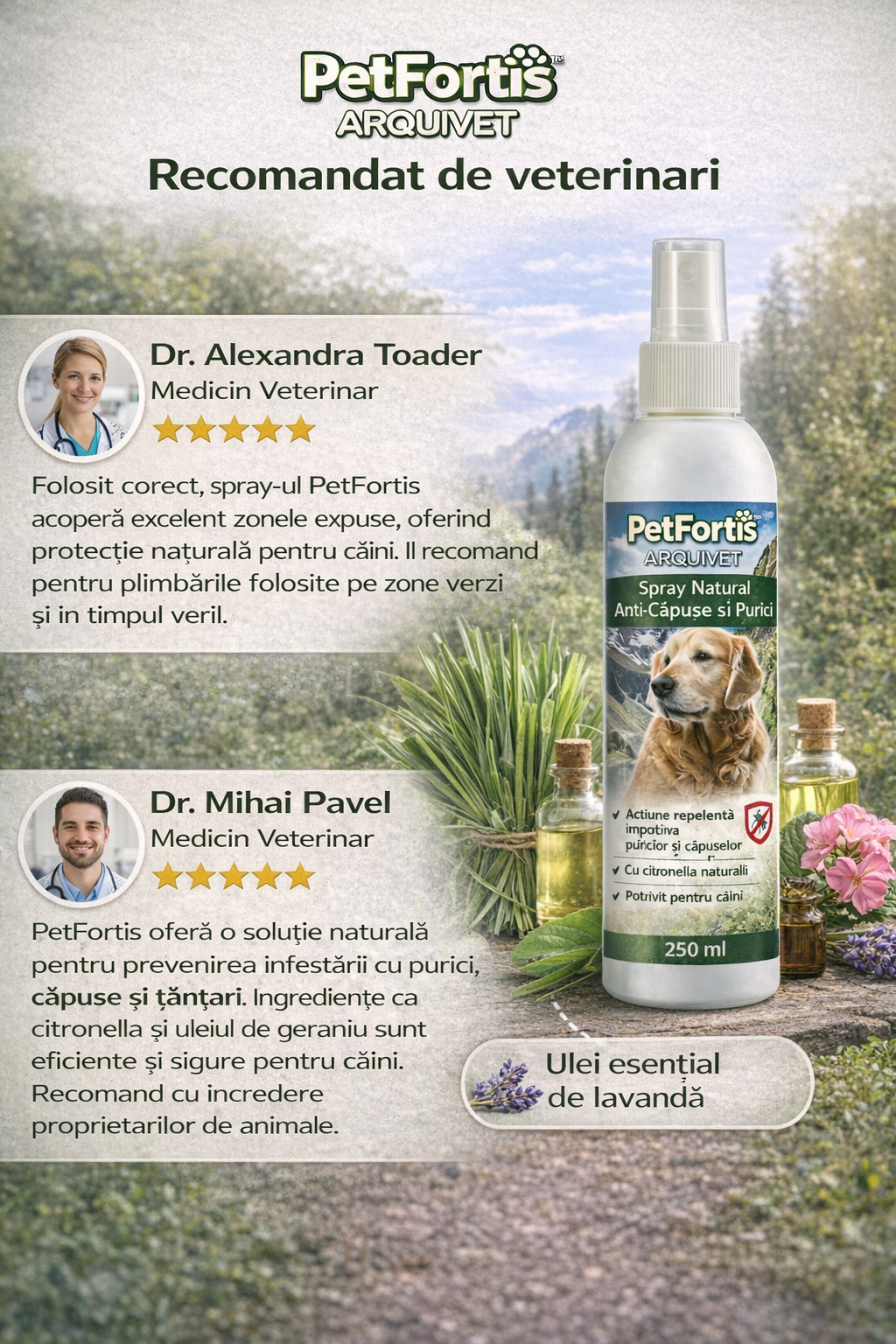 PetFortis™ Spray Natural Anti-Căpușe și Purici – 250 ml