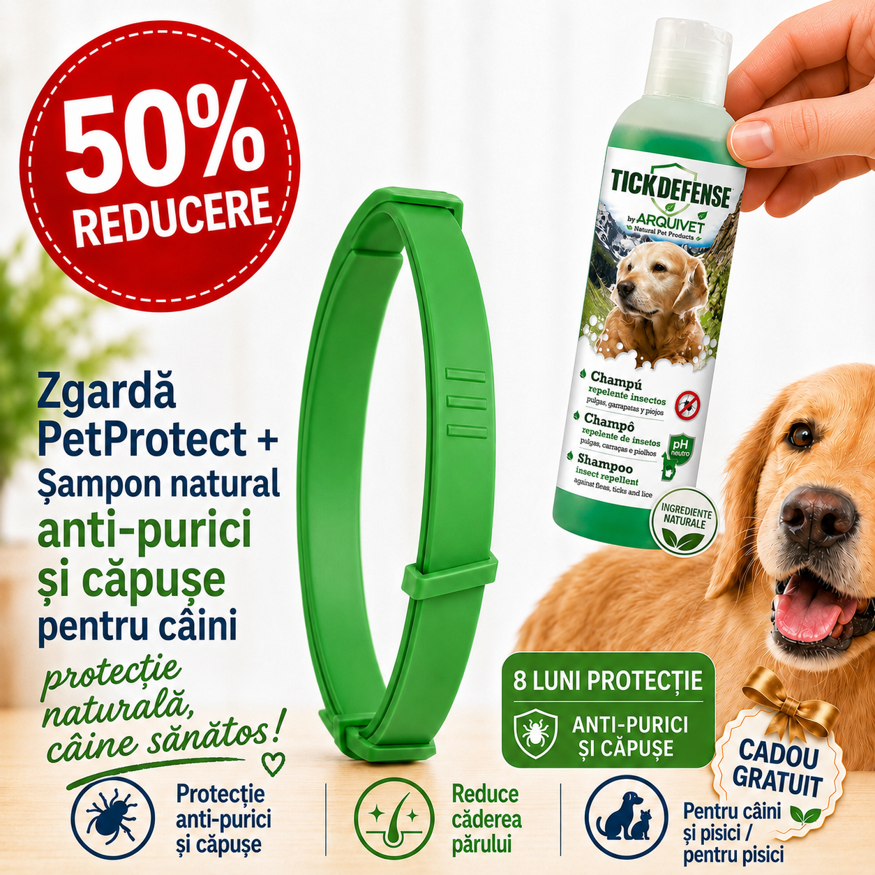 PetProtect™ – Zgardă Naturală 8 Luni Anti-Purici și Căpușe pentru Câini+ Șampon deparazitare