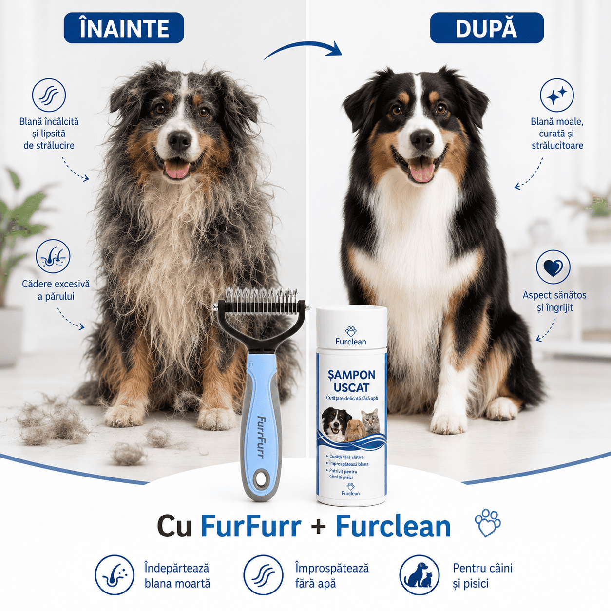 FurFurr – Perie Profesională pentru Câini și Pisici + Șampon Uscat Cadou