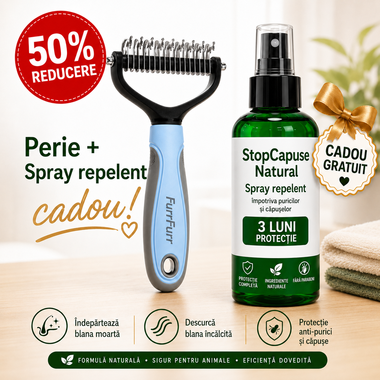 FurFurr – Perie Profesională pentru Câini și Pisici + Spray StopCăpușe Natural CADOU