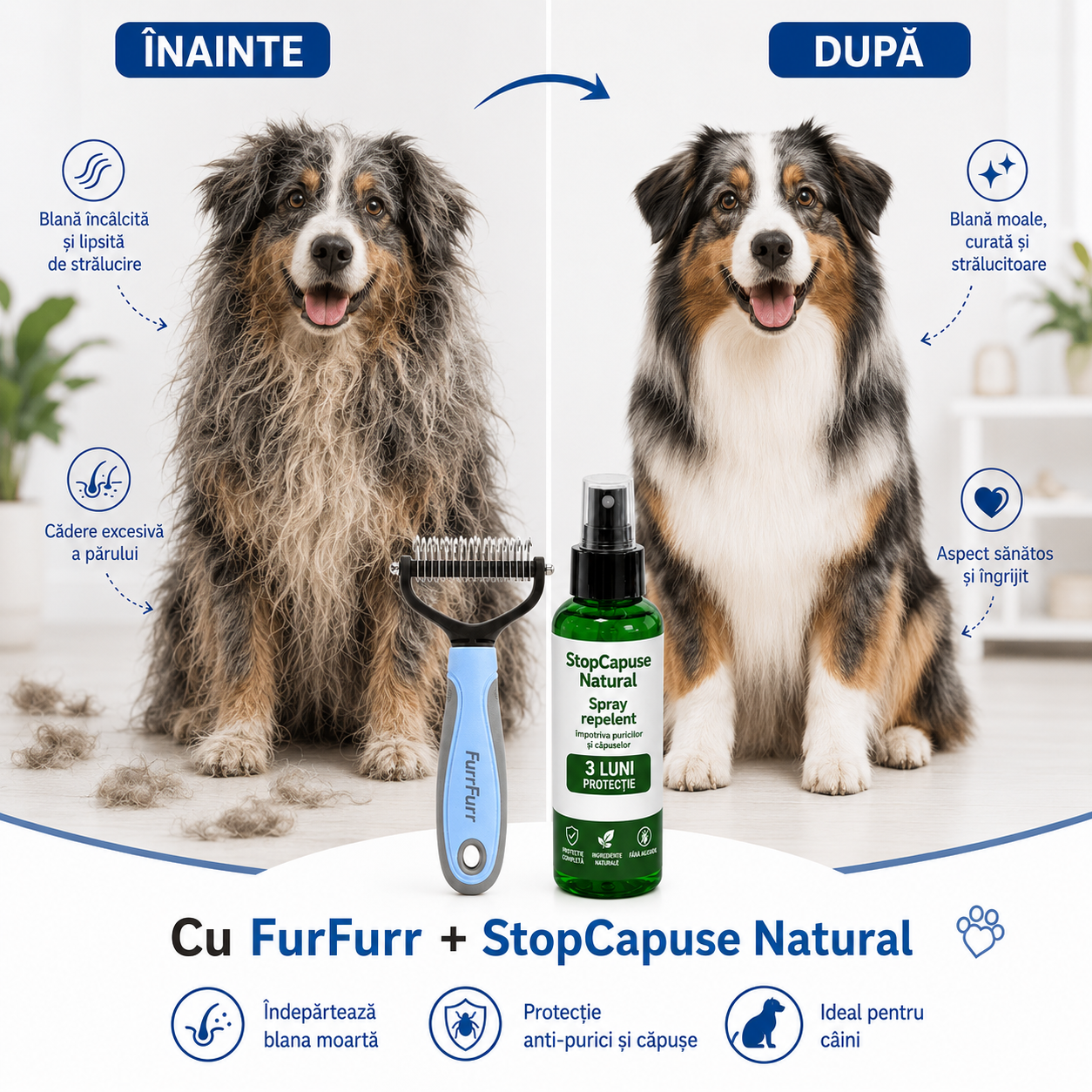 FurFurr – Perie Profesională pentru Câini și Pisici + Spray StopCăpușe Natural CADOU