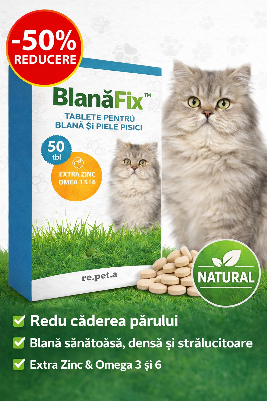 BlanăFix 50 Tablete pentru pisici pentru căderea părului