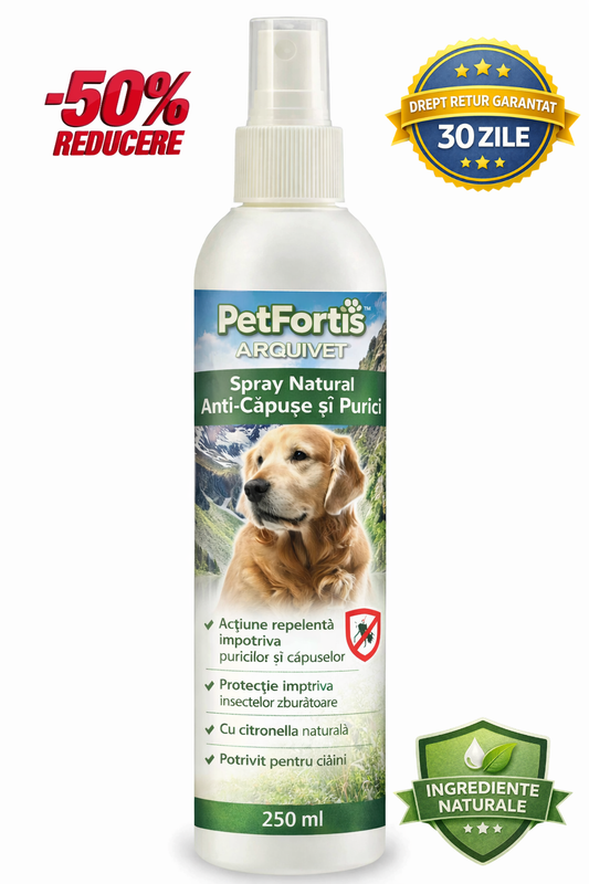 PetFortis™ Spray Natural Anti-Căpușe și Purici – 250 ml
