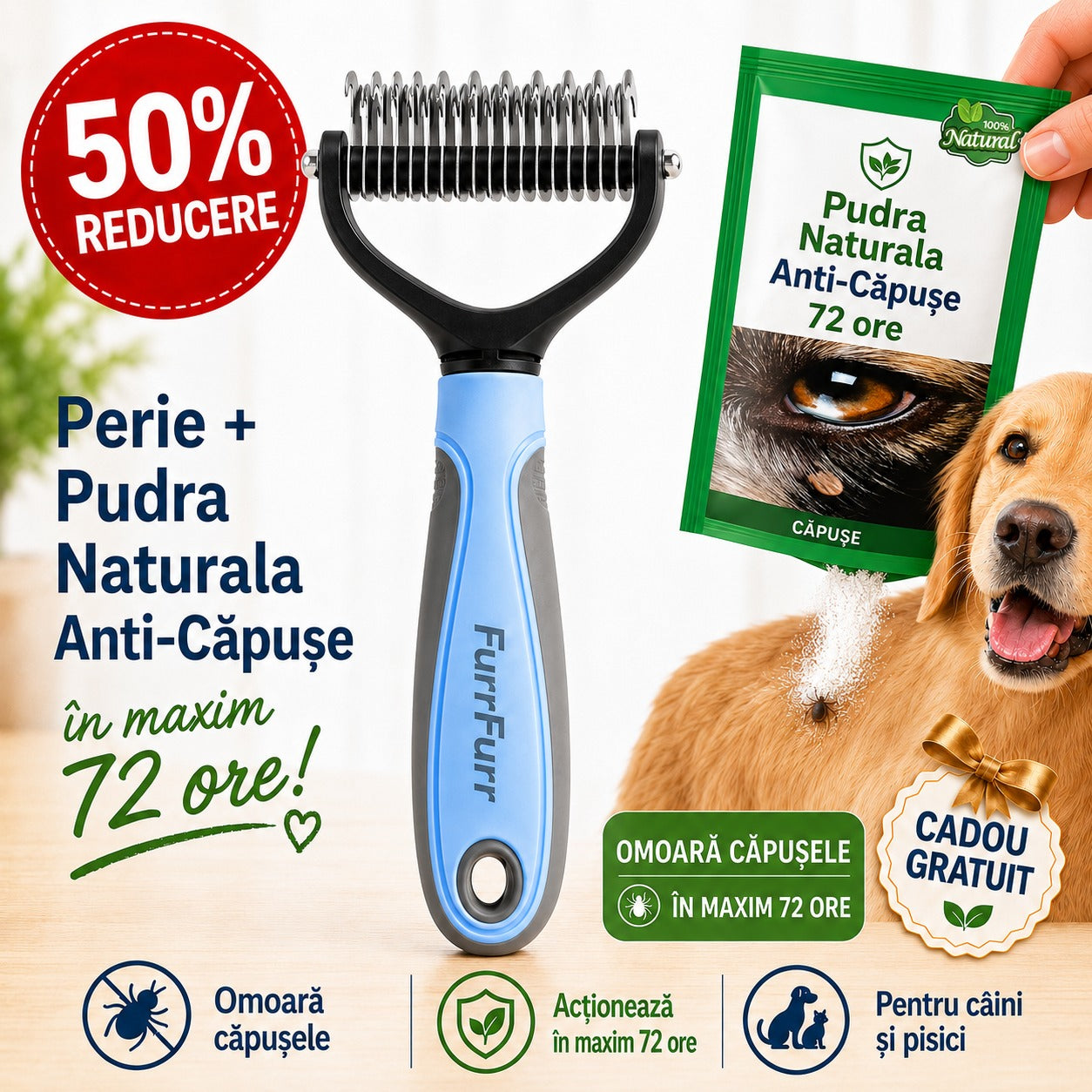 FurFurr™ – Perie Profesională pentru Câini și Pisici + Pudră Natural Anti-Purici și Căpușe