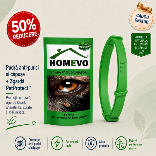Pudră– Anti-purici și căpușe + PetProtect™ – Zgardă Naturală 8 Luni Anti-Paraziți