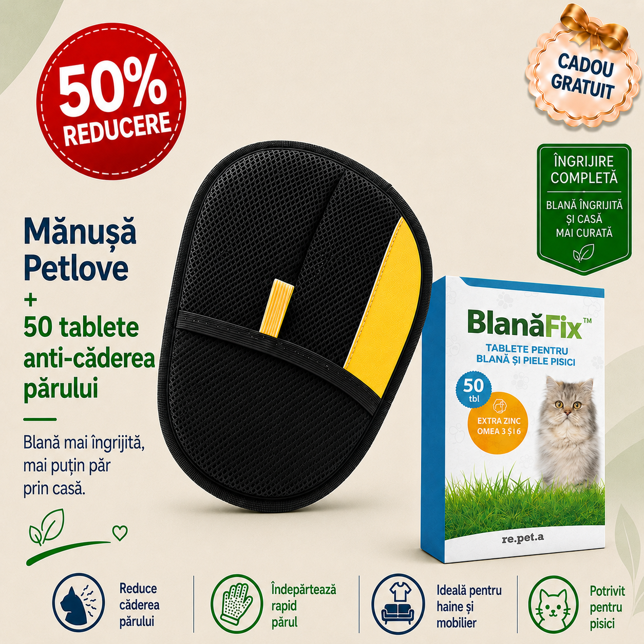 PetLove™ Mănușă Îndepărtare Păr + 50 Tablete Anti-Căderea Părului Pisici