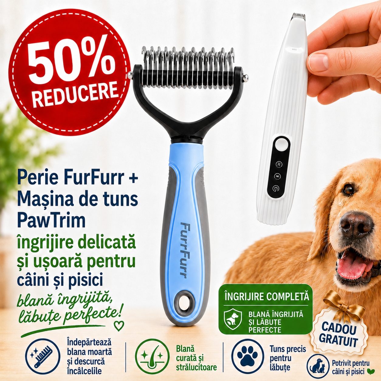 FurFurr™ – Perie Profesională pentru Câini + PawTrim™ – Mașină de Tuns CADOU