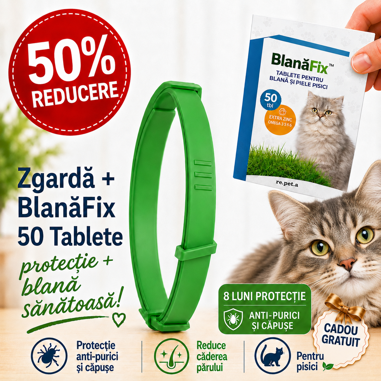 PetProtect™ – Zgardă Naturală 8 Luni Anti-Purici și Căpușe pentru Pisici +Tablete Anti-Căderea Părului